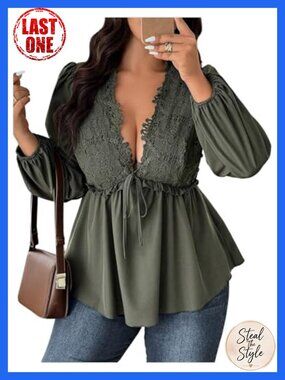 Plus Size Lace Deep V Neck Peplum Ruffle Hem Blouse Long Sleeve